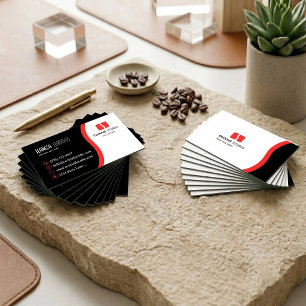 Modern Black Red and White Wavy Split Business Card
