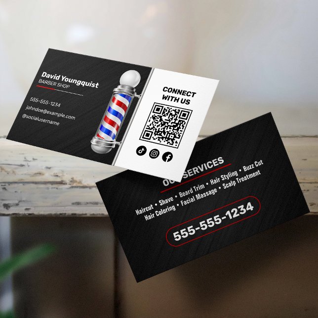 Modern Black Red Barber Shop Pole Connect with us Business Card (Creator Uploaded)