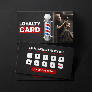Modern Black & Red Barber Shop Pole Hair Stylist Loyalty Card