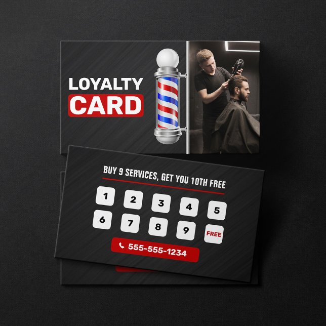 Modern Black & Red Barber Shop Pole Hair Stylist Loyalty Card (Creator Uploaded)