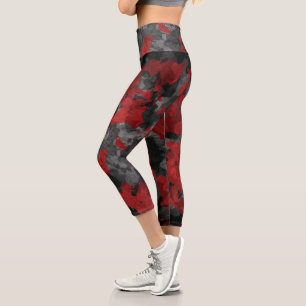 Modern Black Red Camo High Waisted Capri Leggings