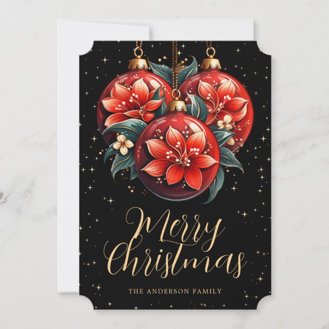 Modern Black Red Floral Ornaments Christmas Card (Front)