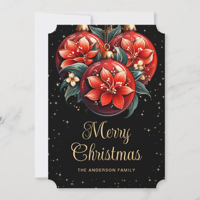 Modern Black Red Floral Ornaments Christmas Card (Front)