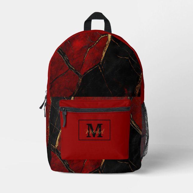 Modern Black Red & Gold Monogram Name  Printed Backpack (Front)