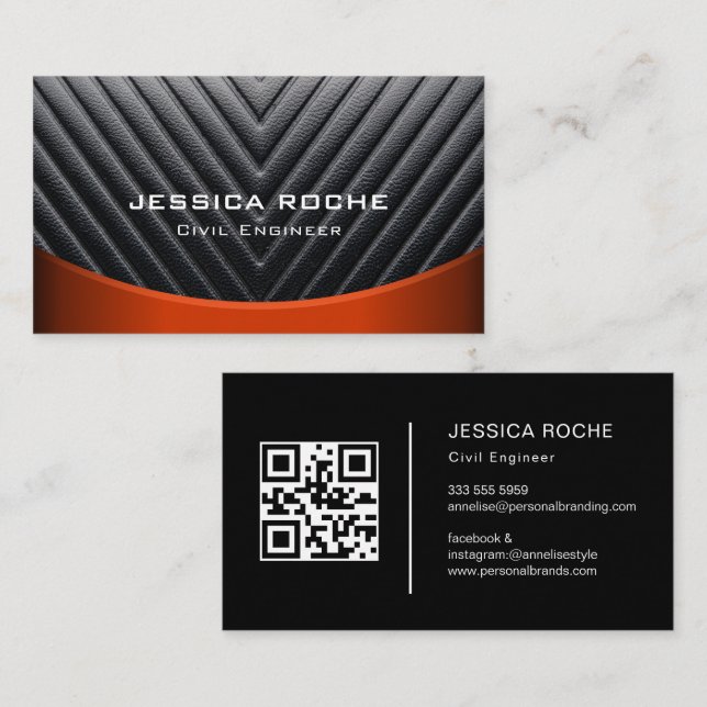 Modern Black & Red Metal Civil Engineer qr code Business Card (Front/Back)