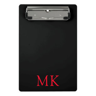Modern Black Red Monogram Initials Mini Clipboard