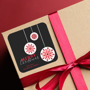 Modern Black Red Scandi Snowflake Holiday Square Sticker
