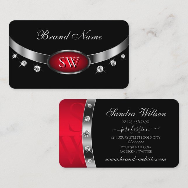 Modern Black Red Silver with Monogram and Diamonds Business Card (Front/Back)