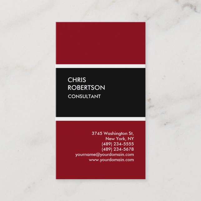 Modern black red vertical unique business card (Front)