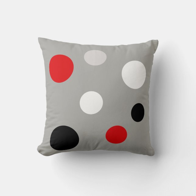 Modern Black Red White Circles on Grey Cushion (Front)