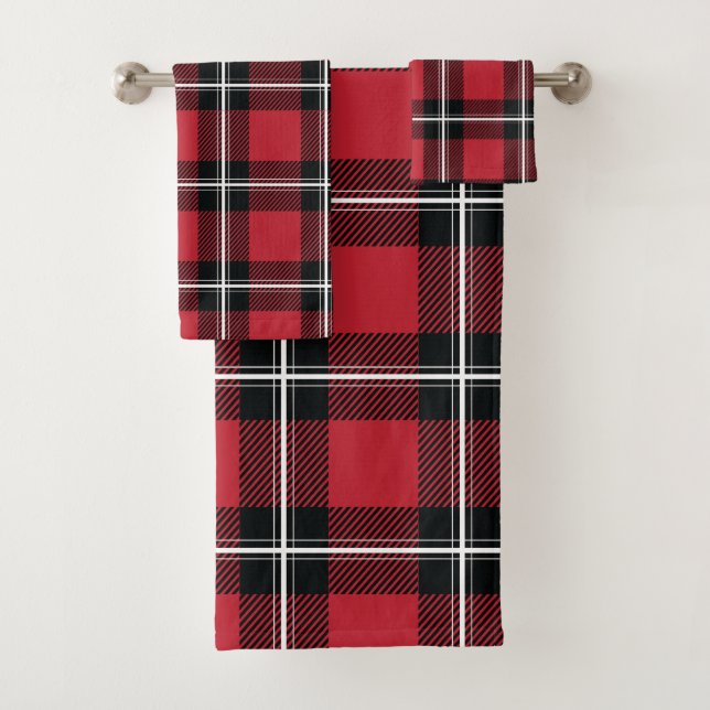 Modern Black Red & White Flannel Bath Towel Set (Insitu)