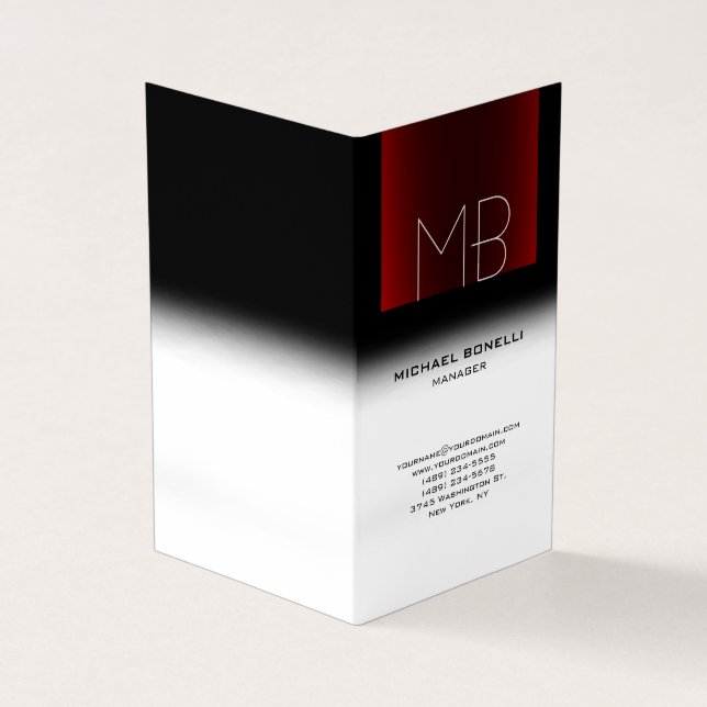 Modern black red white stylish monogrammed business card (Outside)