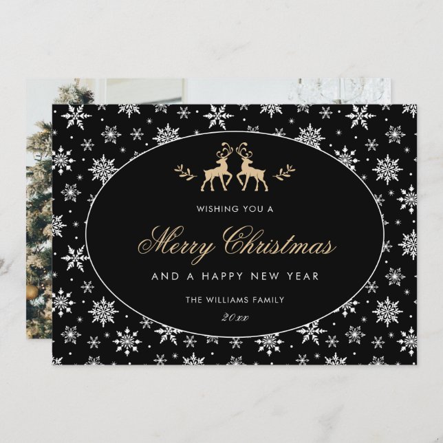 Modern Black Reindeer Snowflake Photo Holiday Card (Front/Back)
