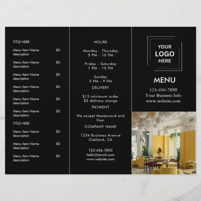 Modern Black Restaurant Photo Takeout Menu Design (Front)