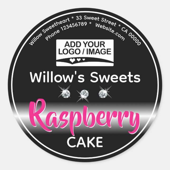 Modern Black Rhinestone Cupcake Cake Pastry Label (Front)