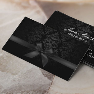 Modern Black Ribbon Damask Makeup Artist Business Card