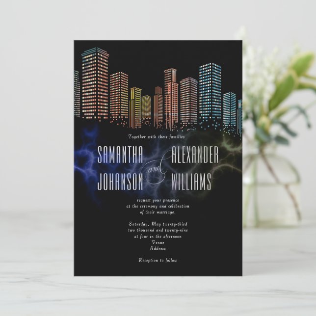 Modern Black Rooftop Lounge Night Skyline Wedding Invitation (Standing Front)