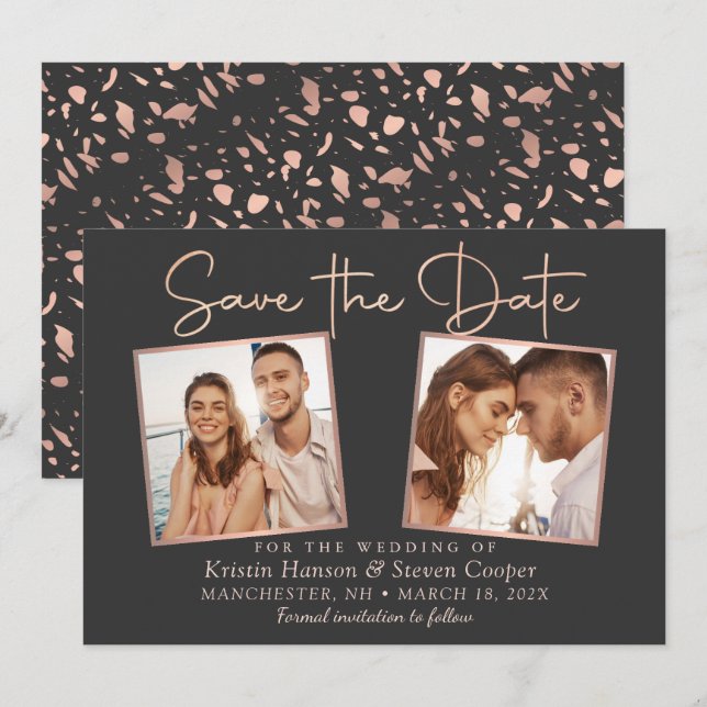 Modern Black Rose Gold 2 Photo Save The Date Card (Front/Back)