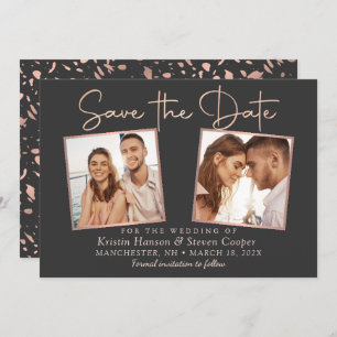 Modern Black Rose Gold 2 Photo Save The Date Card
