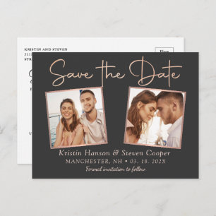 Modern Black Rose Gold 2 Photo Save The Date Postcard