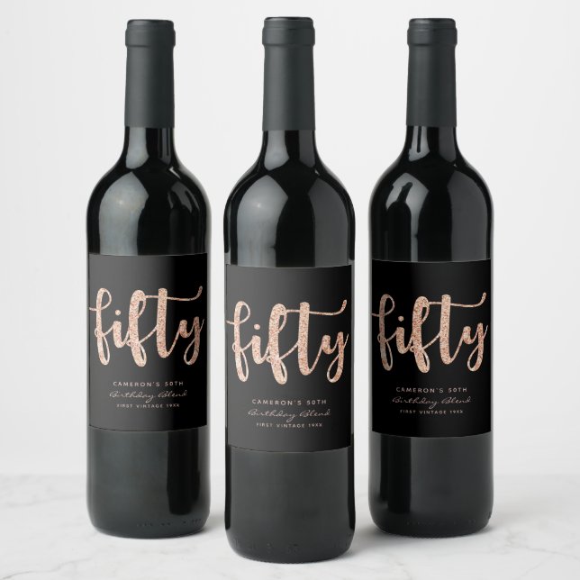 Modern Black Rose Gold 50th Birthday Personalised Wine Label (Bottles)