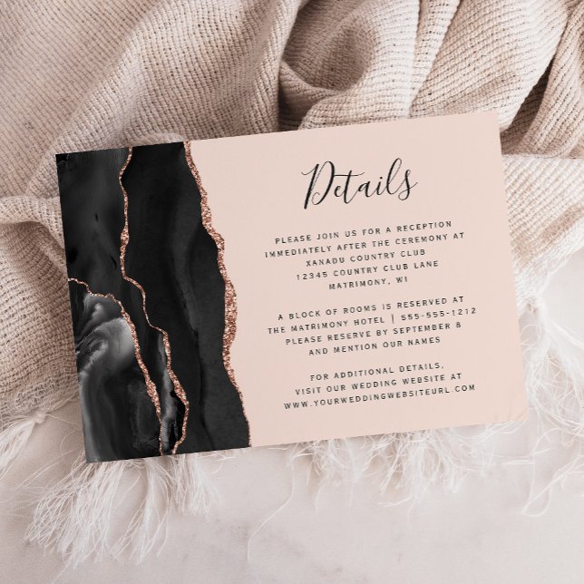 Modern Black Rose Gold Agate Blush Wedding Details Enclosure Card (Creator Uploaded)