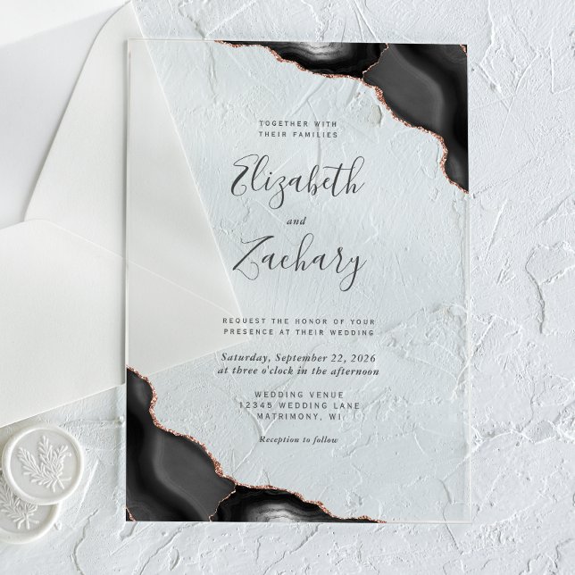 Modern Black Rose Gold Agate Corners Wedding Acrylic Invitations (Creator Uploaded)