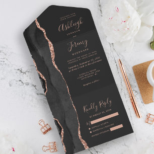 Modern Black Rose Gold Agate Dark Wedding All In One Invitation