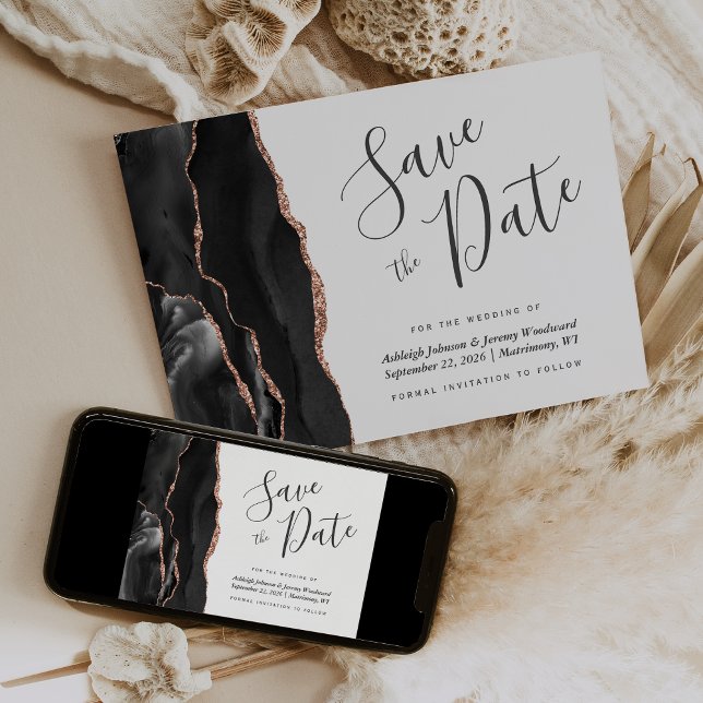 Modern Black Rose Gold Agate Photo Save the Date Invitation (Creator Uploaded)