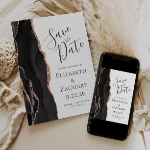 Modern Black Rose Gold Agate Save the Date Card