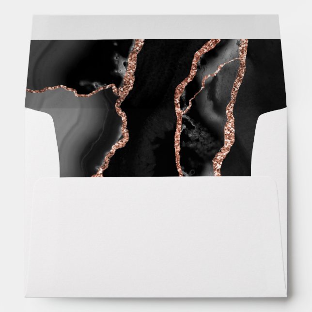 Modern Black Rose Gold Agate Wedding Envelope (Back (Bottom))