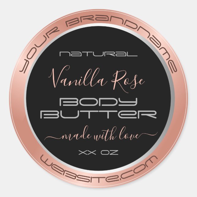 Modern Black Rose Gold and Silver Product Labels (Front)