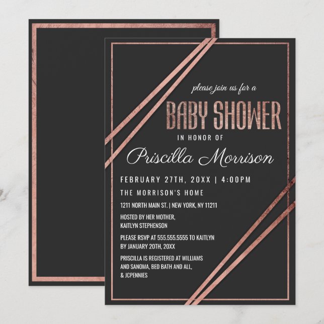 Modern Black Rose Gold Chic Linear Baby Shower Invitation (Front/Back)