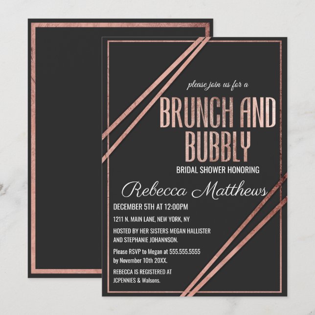 Modern Black Rose Gold Chic Linear Brunch Bubbly Invitation (Front/Back)