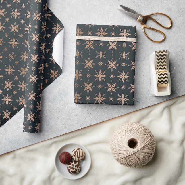 Modern Black & Rose Gold Christmas Snowflakes Wrapping Paper (Crafts)