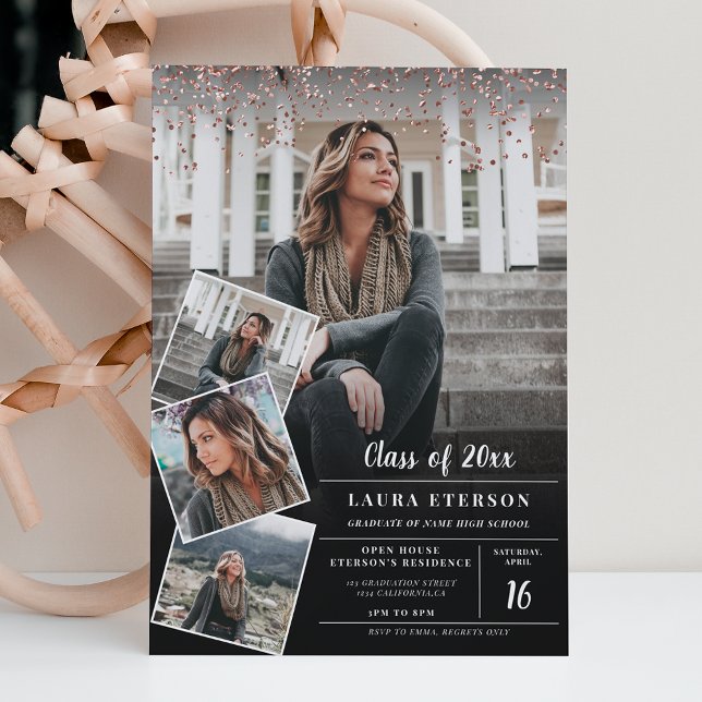 Modern black rose gold confetti photo graduation invitation (Creator Uploaded)