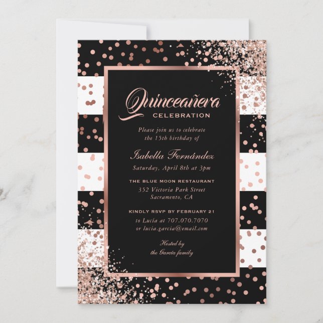 Modern Black Rose Gold Confetti Quinceañera Invitation (Front)
