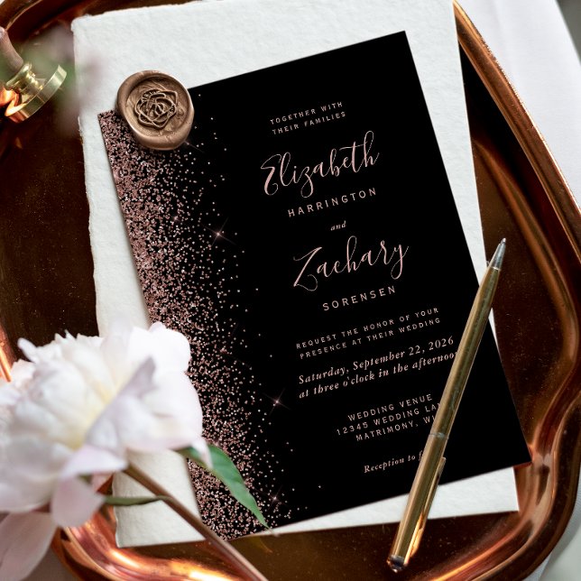 Modern Black Rose Gold Faux Glitter Edge Wedding Invitation (Creator Uploaded)