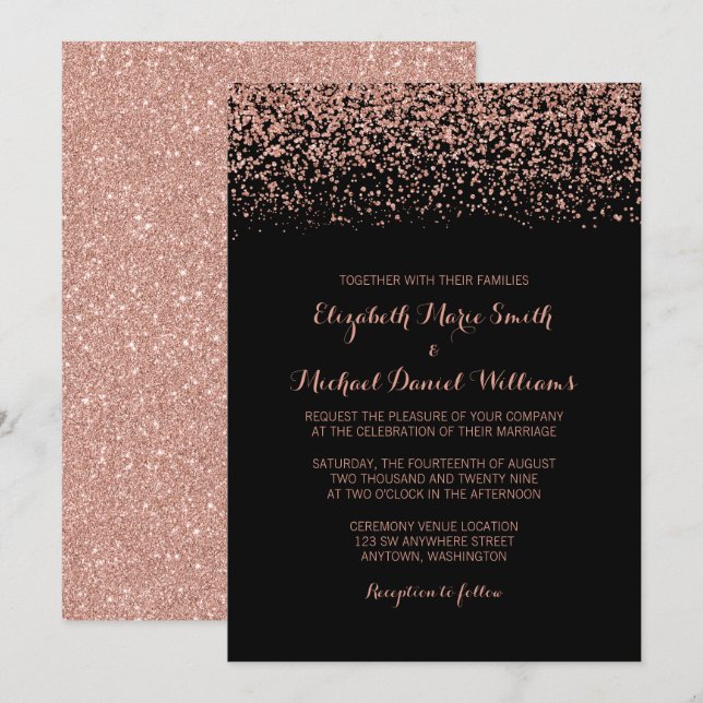 Modern Black Rose Gold Faux Glitter Wedding Invitation (Front/Back)