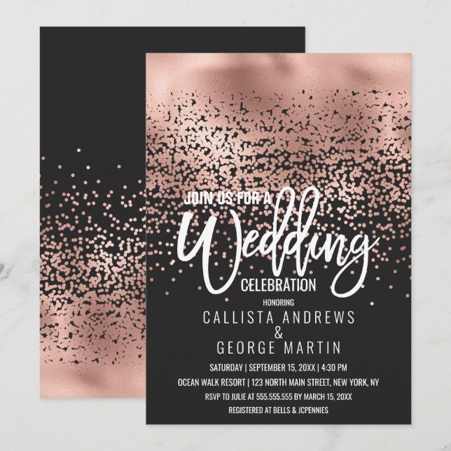 Modern Black Rose Gold Foil Confetti Ombre Wedding Invitation (Front/Back)