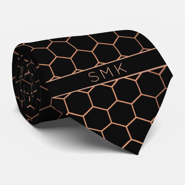 Modern Black Rose Gold Foil Geometric Monogram Tie (Rolled)