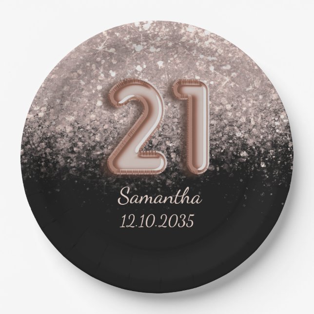 Modern Black Rose Gold Glitter 21 Birthday  Paper Plate (Front)
