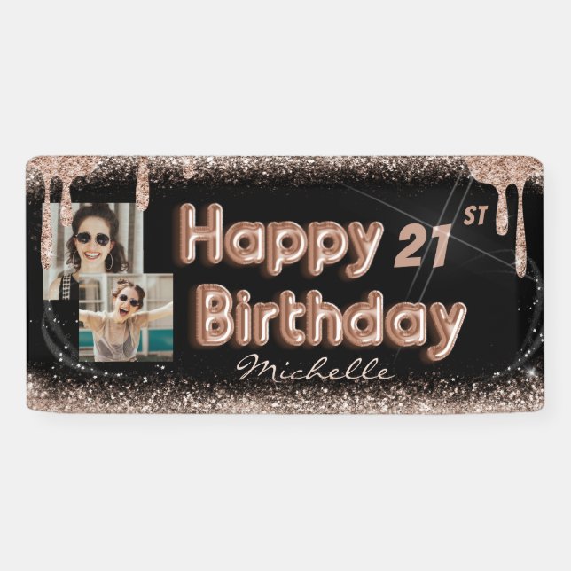 Modern Black Rose Gold Glitter Any Birthday Banner (Horizontal)