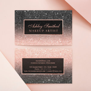 Modern black rose gold glitter chic ombre makeup business card