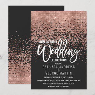 Modern Black Rose Gold Glitter Confetti Wedding Invitation