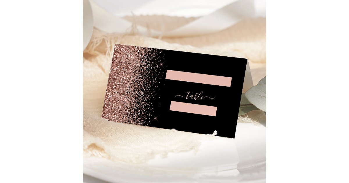 Modern Black Rose Gold Glitter Edge Wedding Place Card | Zazzle