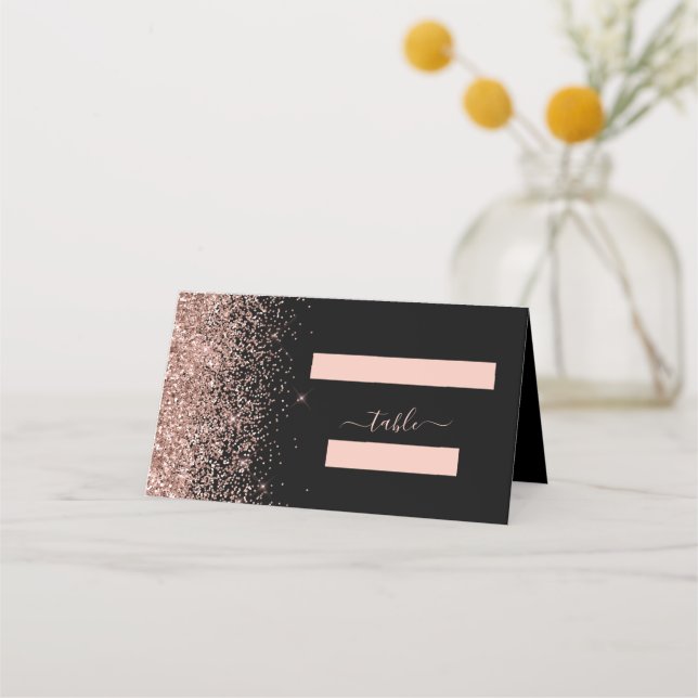 Modern Black Rose Gold Glitter Edge Wedding Place Card (Front)