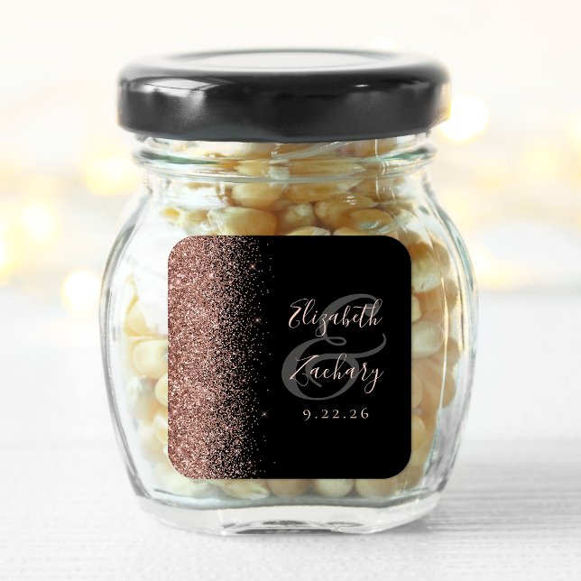 Modern Black Rose Gold Glitter Edge Wedding Square Sticker (Creator Uploaded)