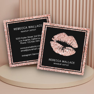 Modern Black Rose Gold Glitter Lips Makeup Artist Square Business Card