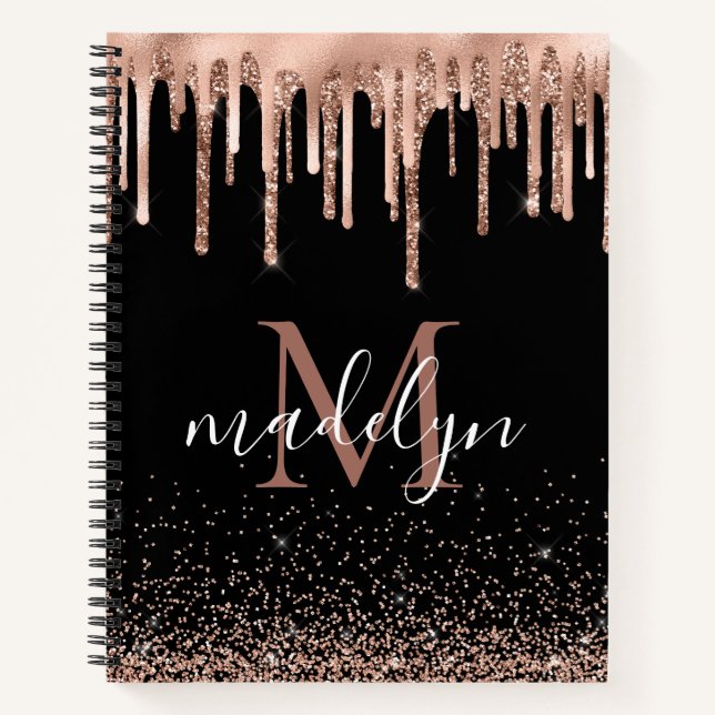 Modern Black & Rose Gold Glitter Monogrammed Notebook (Front)
